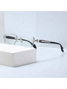 1 Set Of Men's Metal Frameless Trimmed Stylish Flat Glasses Suitable For Daily Use