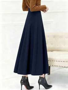 Chân váy maxi đen dáng chữ A cạp cao, thời trang và đa năng, phong cách Hàn Quốc, phù hợp cho mùa thu/đông xuân. - Màu xanh hải quân - Xem 5