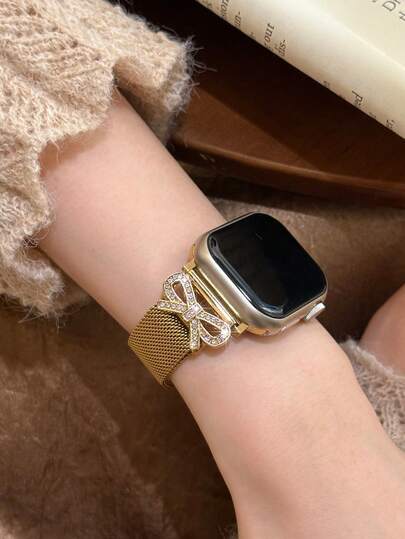 1pc Elegante Goud Bow Tie Magnetic Mesh Stainless Steel Horloge Women Compatible Apple S11/10/9/8/7/6/5/4/3/2/1/Se/Ultra, 46/49/38/40/41/42/44/45mm, Charm view 3