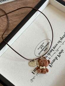 1pc Cute Brown Plush Bear Pendant Necklace, Long Sweatshirt Chain Accessory, Versatile Autumn/Winter New Design (Random Front/Back Metal Disc) - Multicolor - View 4