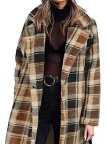 Winter Coat For Women's Casual Plaid Knitwear Long Sleeve Overcoat With Pockets Knee Length - 棕色格 - 查看 2