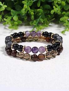 YAUKIA 8mm Brown Striped Agate & Smoky Quartz Bracelets, Brown Crystal Energy Healing Protection Bracelet, Harmony, Balance, Yoga Meditation Jewelry - Multicolor - View 5