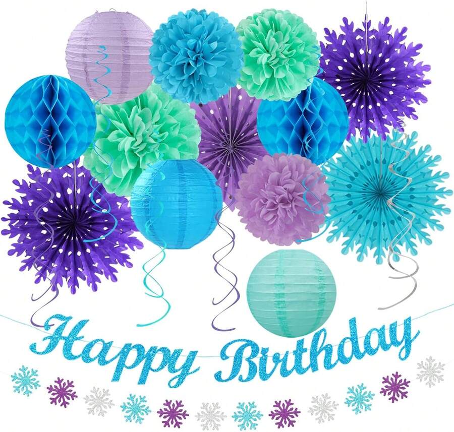 Winter-Wonderland Christmas-Snowflake Frozen Birthday Party-Decorations - 21pcs Happy Banner,Blue Purple Teal Paper Lanterns Honeycomb Streamers,Tissue Pom Poms Flower Fan,Hanging Decor - 藍色 紫色 青色 - 查看 1