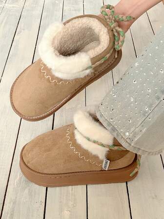 XIXITIAO 1 Pair Vintage Tri-Strap Colorblock Snow Boots For Women, Thick Sole Anti-Slip Thermal Lined, Versatile Short Winter Boots, Casual Warm Snowboots