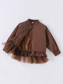 Girls Cute Jacket, Spring/Autumn Long Sleeve Fashion Retro Hoodie, Children's Lightweight Windbreaker With Mesh Patchwork - Brown - View 3