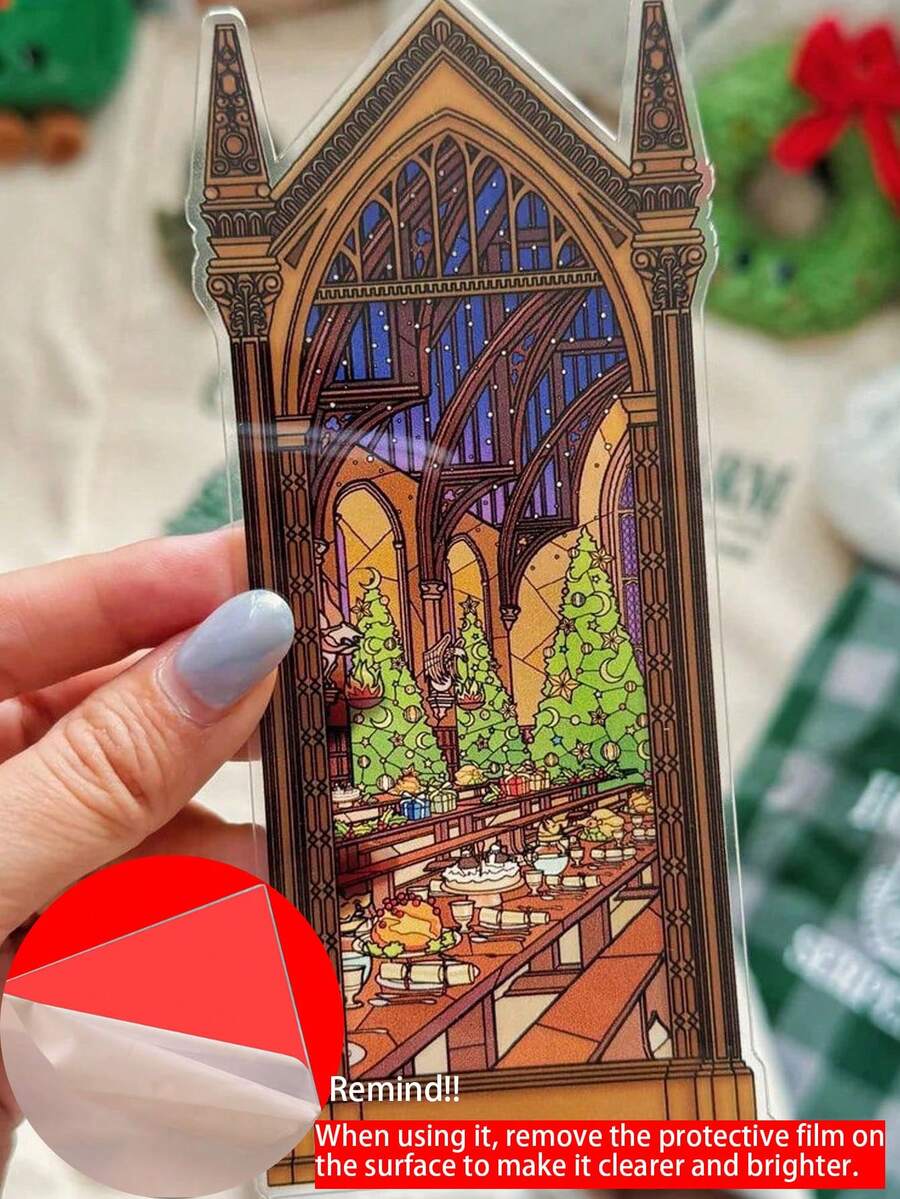 1件魔法神秘必备！这款复古梦幻亚克力书签，优雅的书籍装饰，采用绚丽的彩色玻璃风格设计。一面展现神秘雄伟的城堡，另一面则描绘了疾驰的特快列车，带您踏上奇幻的阅读之旅。采用优质亚克力材质制成，夹在书上，即刻沉浸在魔法世界中。 - 彩色 - 查看 1