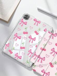 Pink Bow Cherry Dual-Sided Acrylic Crystal Protective Case, Suitable For  10th Gen,  10.2/Mini 6/Mini 7/9.7", Galaxy Tab A9 Plus, 3+Y Foldable Tablets, Anti-Bending, Silicone Reinforced Corners, Auto Wake/Sleep, Built-In Pencil Slot, Multi-Angle Kickstand - Perfect Daily Protection, Ideal Holiday Gift - 彩色 - 查看 2