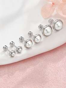 1对/2件 简约复古小巧香氛圆形纽扣仿珍珠耳环 女士不锈钢首饰 - 銀色 - 查看 2