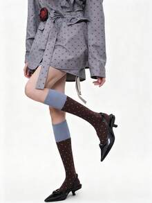 1双女士过膝袜，韩版波点撞色护腿袜，甜美百搭的罗纹过膝袜，复古学院风，撞色过膝袜，秋冬季 - 彩色 - 查看 13