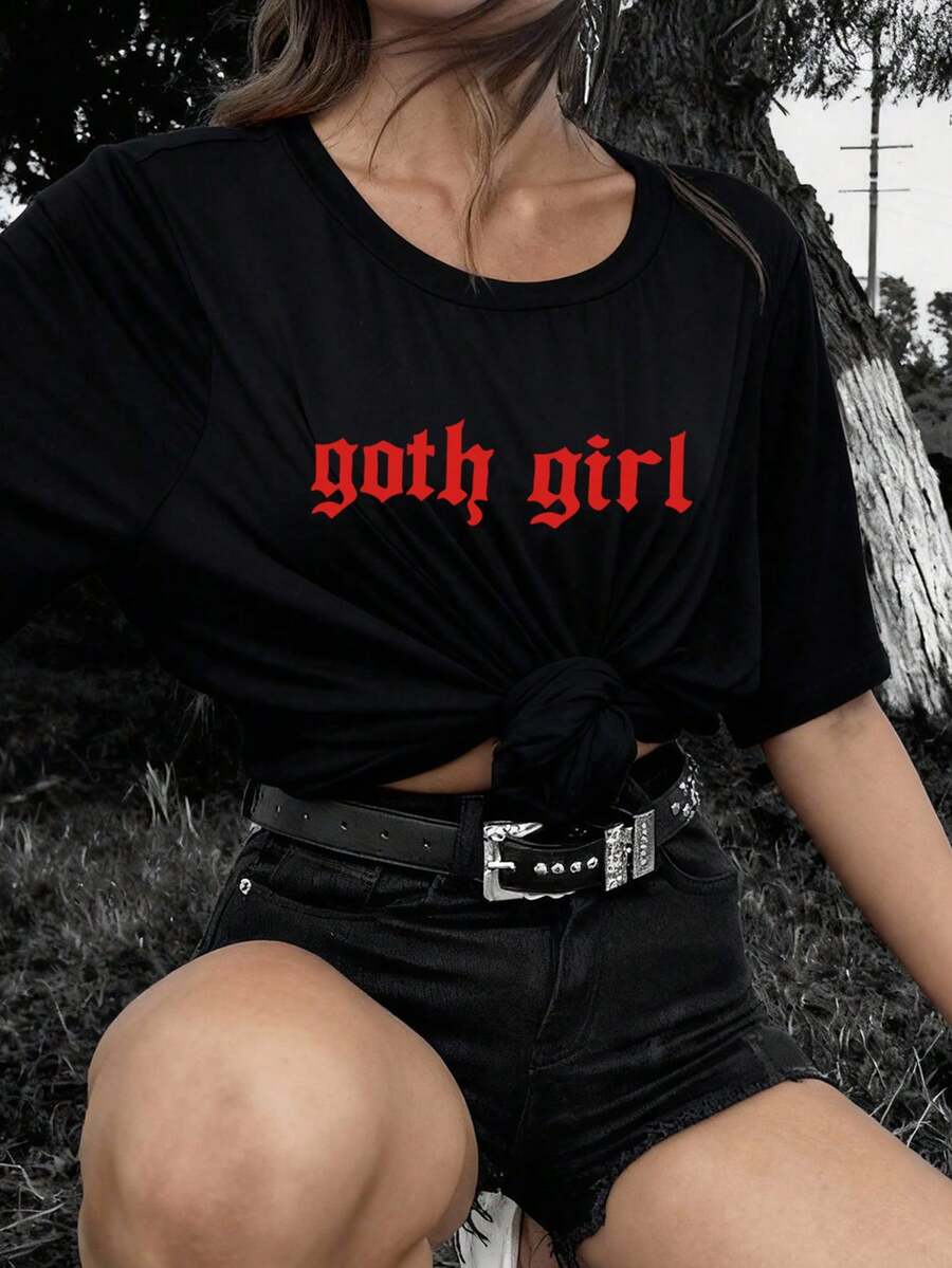 女士休闲短袖圆领加大码 T 恤，女士休闲标语 T 恤 - 黑色 - 查看 1