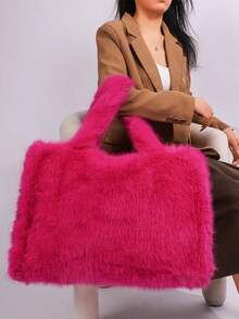 Long Strap Faux Fox Fur Tote - -Wide Large Capacity Tote Bag - Rose Red - View 2