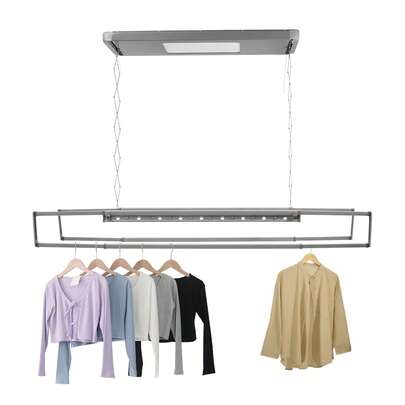 Electric Clothes Airing Rack,Adjustable Ceiling Mounted Clothes Airing Rack With LED Light & Remote Control,Retractable Metal Laundry Clothesline With 8 Horizontal Rods For Balcony,77lbs Load(Grey)