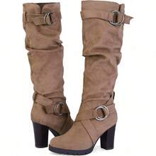 PENNYSUE Women's Knee High Boots, Fashion Chunky Block Heel Warm Winter Boots With Side Zipper For Office And Casual Wear - 灰褐色絨面革 - 查看 1