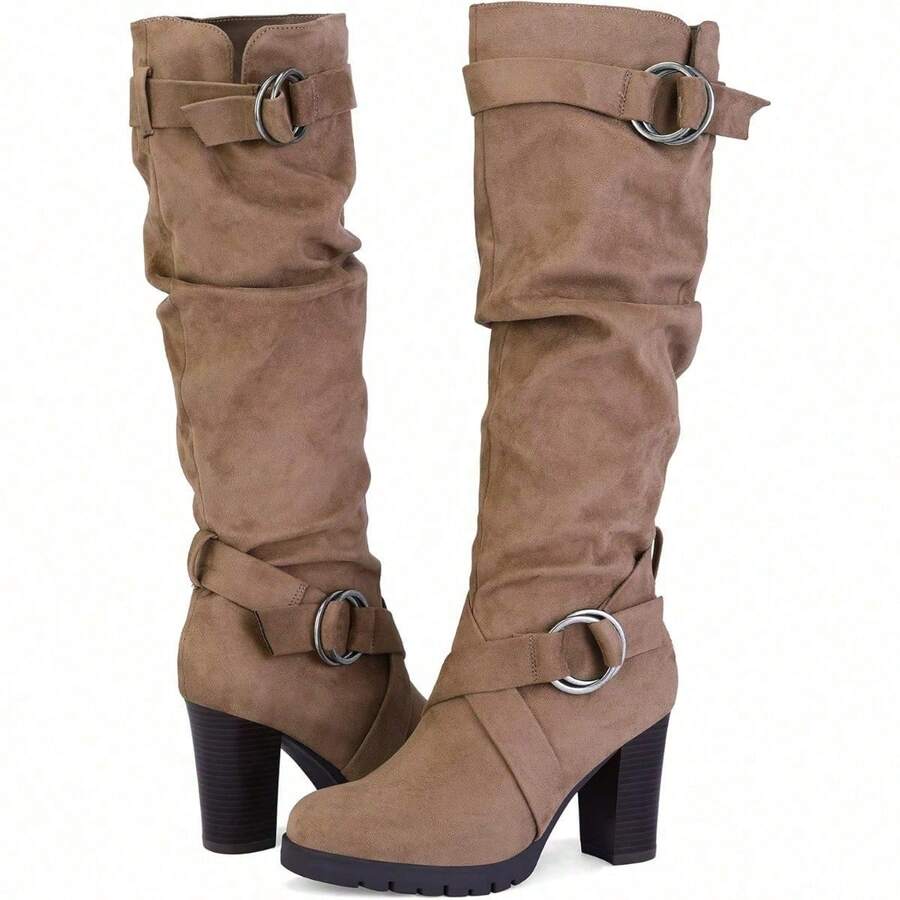 PENNYSUE Women's Knee High Boots, Fashion Chunky Block Heel Warm Winter Boots With Side Zipper For Office And Casual Wear - 灰褐色絨面革 - 查看 1