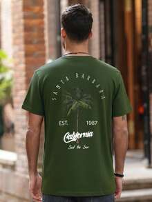 Camiseta de manga corta de cuello redondo casual con estampado de árbol de coco y letras para hombres, ropa de vacaciones, verano 2025 - Verde militar - Ver 3
