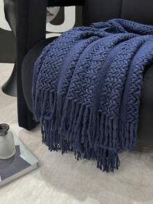 Cozy Knit Throw Blanket With Tassels - Soft, Lightweight & Warm - Perfect For Couch, Bed, And Travel - Farmhouse Style In Khaki & Cream - Cropped Handkerchief In Navy Blue - View 2