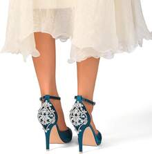 Lady Satin Dress Platform High Heels Wedding Sandals Crystal Back With Free EarringsChristmas - 藍綠色 - 查看 6