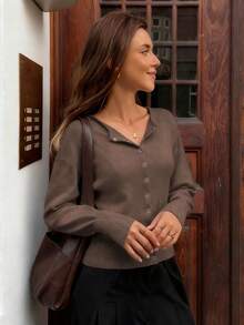 Áo len nữ tay dài màu trơn tối giản, kiểu dáng ôm sát, đa năng, thích hợp mặc đi làm, thời trang thanh lịch, màu trơn, áo len cho năm mới. - Xám nâu pha trộn - Xem 4