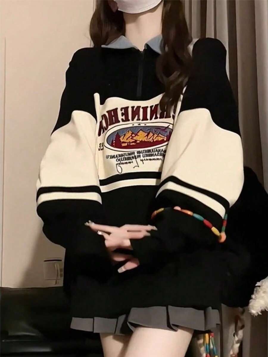 Spring/Autumn 2025 Women's High-End American Retro Polo Neck Sweatshirt, Relaxed Style Top - Black [high Quality Thin] - View 1