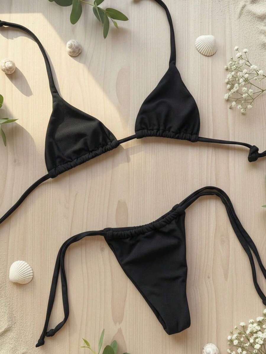 Adjustable Triangle Bikini With UV Protection, Stylish Tie-Up Style, Beach, And Vacation Details. - Black - View 1