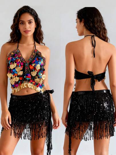 Sequined Tassel Belly Dance Set For Women, Colorful Sequined Halter Neck Tie-Up Stage Performance Dance Costume (Multiple Colors Available)