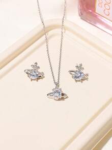 1 Set Luxury Zirconia Micro-Inlaid Necklace & Earrings, Minimalist Elegant Clavicle Chain Pendant Necklace & Earrings Jewelry Set For Women - Silver - View 11