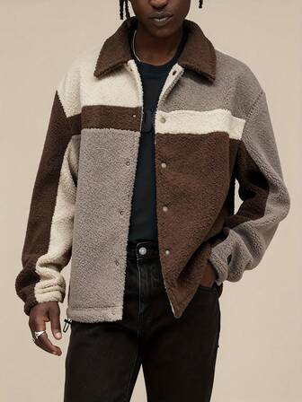 Herr populär trefärgad stickad fleecejacka med lapptäcke, varm vinterkappa med knappar, lämplig för mäns vardagskläder, mångsidiga ytterkläder, herrpresent