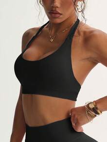 Women's Solid Color Quick Drying Comfortable High Elasticity Bra, Suitable For Yoga, Girls' Gym Exercise, Pilates Exercise, All Season Knitted Camisole Women's Underwear, Giving You The Best Exercise Experience, Women's All Season Sports Underwear - 黑色 - 查看 1