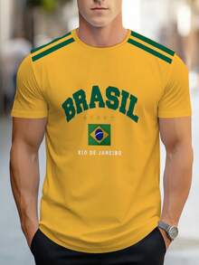 男士休闲短袖T恤，饰有巴西国旗图案 - 卢班色和绿色条纹，并印有里约热内卢字样，透气圆领设计，适合户外和日常穿着，可机洗，常规版型，四季皆宜，轻盈印花衬衫，街头风格 - 白色 - 查看 3