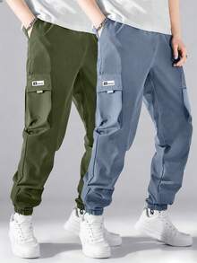 2 piezas Pantalones cargo casuales para niños preadolescentes para deportes y actividades al aire libre con bolsillos grandes y decoración de cinta, para primavera/otoño - Neblina azul - Ver 1