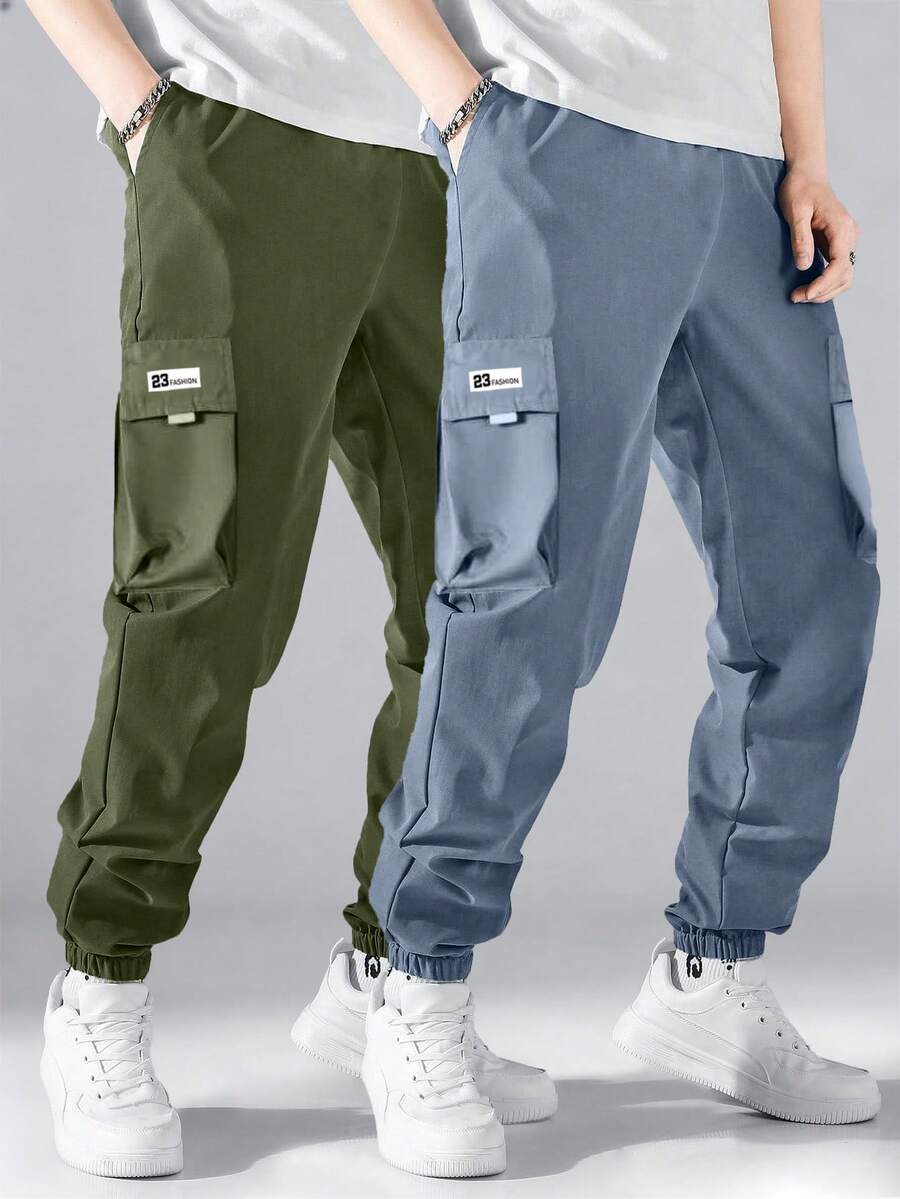 2 piezas Pantalones cargo casuales para niños preadolescentes para deportes y actividades al aire libre con bolsillos grandes y decoración de cinta, para primavera/otoño - Neblina azul - Ver 1