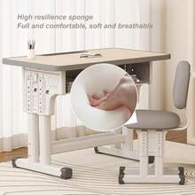Adjustable Height Study Desk And Chair Set Multifunctional School Student Writing Desk Study Table And Sponge Chair Set With Storage Drawer - Wood - View 4