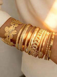 Set de 11 brățări metalice pentru femei, cu design floral și geometric exagerat vintage, potrivite pentru zi cu zi, petrecere, întâlnire, nuntă, festival, cadou - Aur 40 - Vizualizare 2