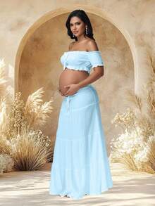 JustVH 2pcs Maternity Off-Shoulder Ruffle Hem Crop Top And Flowing Maxi Skirt Set, Suitable For Photography And Beach Wear Spring - Baby Blue - View 3