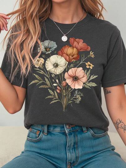 复古花卉图案印花时尚休闲短袖夏季修身圆领女式 T 恤