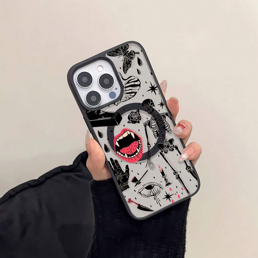 Funda para teléfono con diseño de esqueleto y labios, compatible con teléfonos , 17, 16 Pro Max, 15 Pro Max, 13 y 12. Fabricada en TPU para una protección eficaz contra golpes y caídas. Un regalo original para familiares, amigos, seres queridos, parejas y para Halloween. - Negro - Ver 1