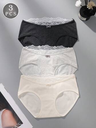 3条装优雅纯色棉质内裤，舒适款式，蕾丝边饰，女士三角裤