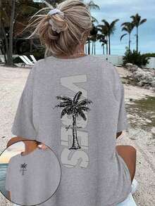 Summer TopsWomen's Minimalist Coconut Tree Slogan Print Casual Round Neck Short Sleeve T-Shirt, Simple & Versatile, Suitable For Daily & Holiday Wear - 灰色 - 查看 6
