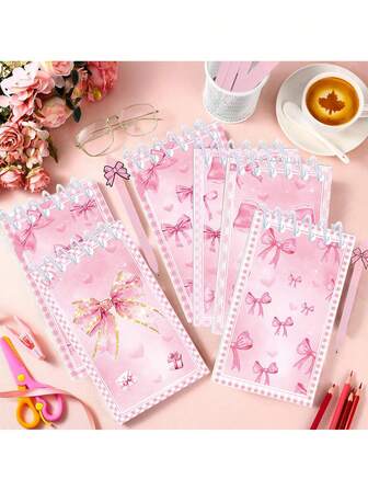 10本/套粉色蝴蝶结迷你螺旋笔记本，5种款式，粉色蝴蝶结公主主题，带爱心装饰，混合款式 - 适合家庭和办公室使用，完美的情人节和生日礼物，家庭办公用品，公主主题设计，螺旋装订，可爱笔记本
