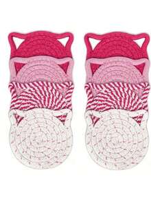 4/8pcs Cat Ear Coasters Set, Handmade Bright Pink Woven Coasters, Non-Slip Absorbent Drink Coasters (With Holder), Home Decor, Gifts For Valentine''s Day And Mother''s Day