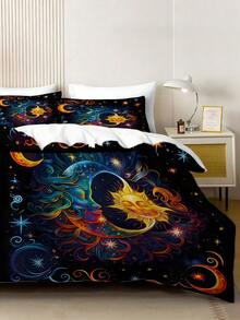 3pcs Celestial Sun Moon Duvet Cover Bedding Set,Mystical Cosmic Bed Comforter Set,With 1 Duvet Cover And 2 Pillowcases, King-Size Bedspread, Bed Sheet, Soft Skin-Friendly Polyester, Machine Washable, Dry Clean. It Is Suitable For Home And Bedroom Decoration,Room Decor, Bedroom Decor,Room Decoration Stuff,Queen Comforter Set,It Is A Good Birthday Gift. - 彩色 - 查看 7