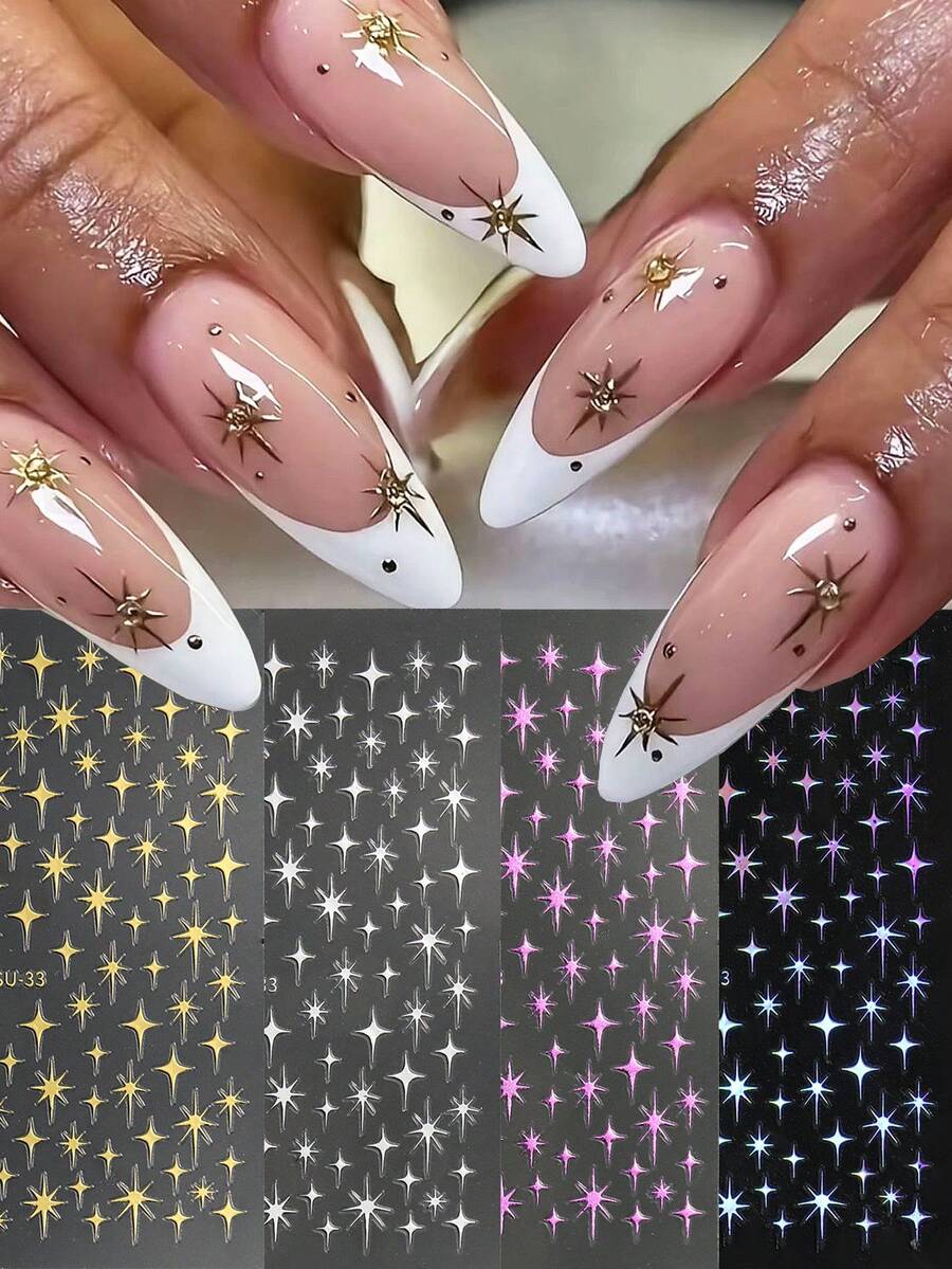 4 Packs Metallic Laser Star Nail Stickers, Y2K Cross Star French Manicure Decorative Stickers, 3D Self-Adhesive Nail Art Decals, DIY - Multicolor - View 1