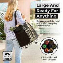 Canvas Grocery Bag 3pc XL Set With Real Pockets, Long Shoulder Strap And Short Handle. Heavy Duty, Foldable, Washable - Black - View 5