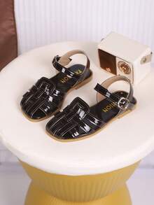 儿童时尚夏季平底鞋，一体式凉鞋，新款时尚优雅简约 - 酒紅色 - 查看 7