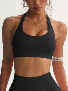 Women's Solid Color Quick Drying Comfortable High Elasticity Bra, Suitable For Yoga, Girls' Gym Exercise, Pilates Exercise, All Season Knitted Camisole Women's Underwear, Giving You The Best Exercise Experience, Women's All Season Sports Underwear - 黑色 - 查看 3