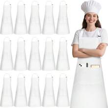 15Pcs Adjustable Bib Aprons With 2 Pockets For Adult Use Unisex Design Water-Resistant White Aprons Ideal For Kitchen Dining Craft And Food Service Applications Machine Washable For Easy Maintenance And Long-Lasting Durability - 如圖 - 查看 1