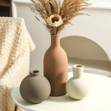 Ceramic Vase Set Of 3, Vases Home Decor Rustic Farmhouse Decorative Vase Pottery Vases For Bouquet Pampas Grass Dried Fresh Flowers, Table Living Room Kitchen Bedroom Bathroom - Brown - 棕色 - 較大 - 查看 5