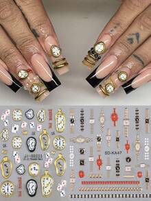 复古浮雕手表图案美甲贴纸，5D金色玫瑰金手表时钟扑克牌蝴蝶结数字图案压花自粘美甲装饰滑块美甲沙龙DIY用品 - 彩色 - 查看 2