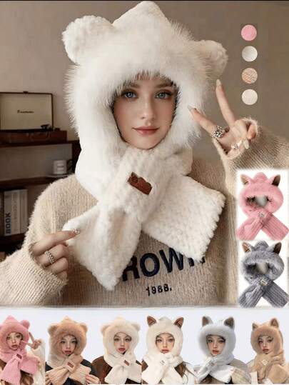 1件套毛绒动物耳朵头箍围巾套装，可爱熊耳朵设计，保暖柔软，适合骑行、春秋冬季节，时尚百搭，圣诞节/生日礼物，送给女朋友的冬季装备，情人节礼物