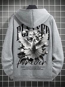 K-GLORY Men's Hoodie, New Autumn/Winter Street Style Peace Dove & English Slogan Print Thermal Lined Pullover Sweatshirt - Grey - View 4